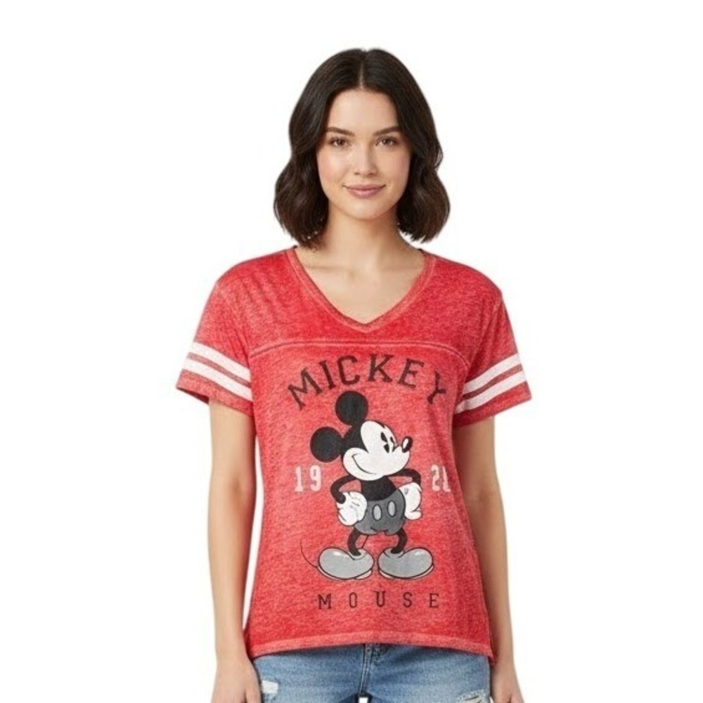 Disney Mickey Mouse Graphic Tee Shirt S Red Burnout Varsity Stripe New‎ V-Neck